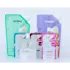 The image shows the Expack 5.1oz PE Pouch Mono UniSpout 150ml. It is a flexible, transparent pouch designed for storing liquids. The pouch features a spout on the top right corner for easy pouring and sealing. The product appears to be empty and stands upright, showcasing its sleek and functional design.