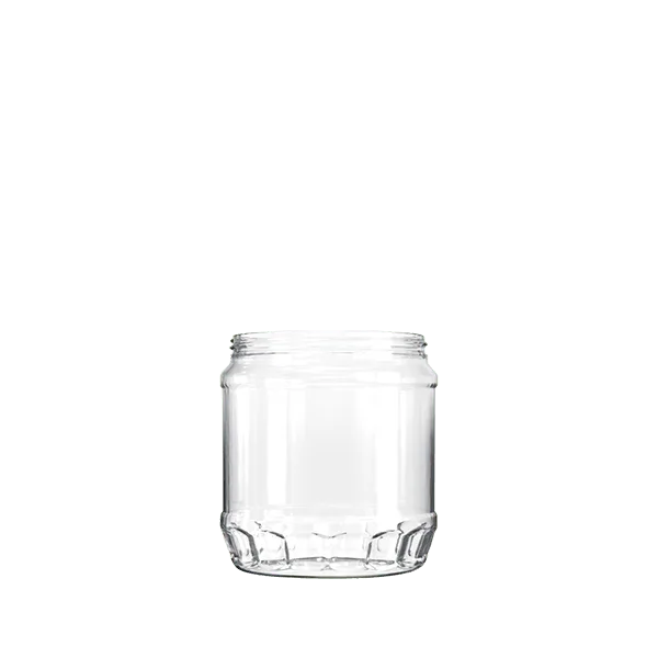 The image shows the Resilux 20.5oz PET Jar A205E0N. It is a clear, cylindrical plastic jar with a wide mouth opening. The jar is transparent, allowing the contents to be easily visible. The surface is smooth, and it has a simple, clean design with no additional markings or labels.