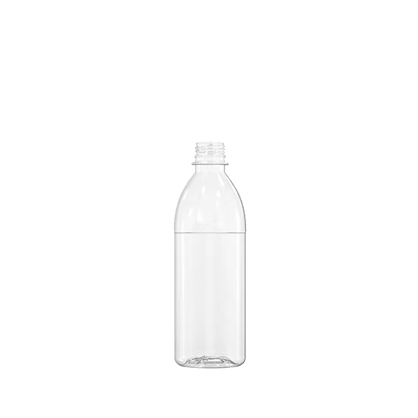 The image shows a Resilux 16.9oz PET Bottle (B500E5Q). The bottle is transparent and cylindrical with a narrow neck and a standard screw-top opening. The surface of the bottle is smooth, and it appears empty without any labels or branding. The overall design is simple and functional, suitable for containing beverages.
