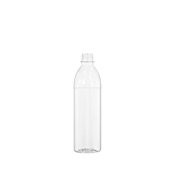 The image shows a clear, cylindrical plastic bottle with a smooth surface and no label. The bottle is designed for a capacity of 20.0 oz and has a standard screw-on cap opening. The product name is "Resilux 20.0oz PET Bottle A200E5P."