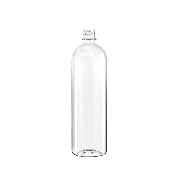 The image features a clear PET bottle with a cylindrical shape. The bottle has a narrow neck and a standard screw cap. It is labeled as the "Resilux 33.8oz PET Bottle." The bottle appears transparent, showcasing its smooth surface and uniform design.