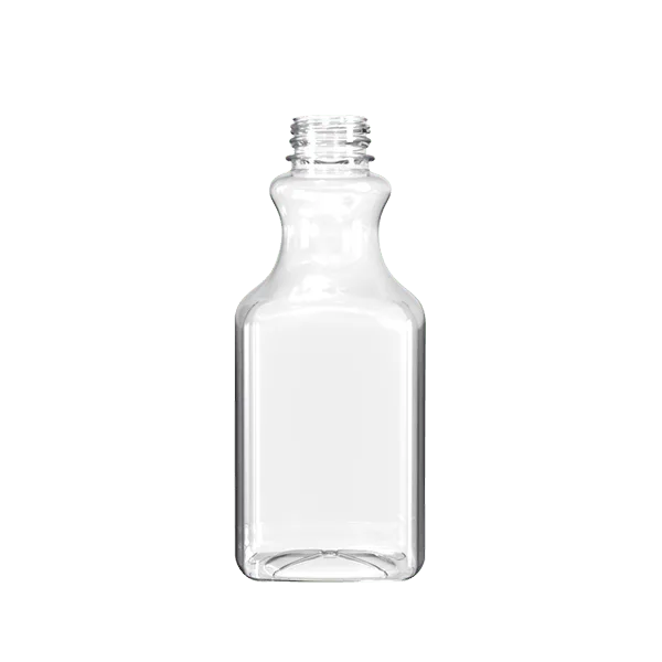 The image shows a 32.0 oz PET bottle by Resilux. The clear plastic bottle has a cylindrical shape with a slightly rounded shoulder transitioning into a narrow neck, designed for a screw-on cap (not shown). The surface of the bottle is smooth and transparent, allowing the contents to be easily visible. The base of the bottle is flat, providing stability when placed on surfaces. The overall design is simple and functional, suitable for a variety of liquid products.