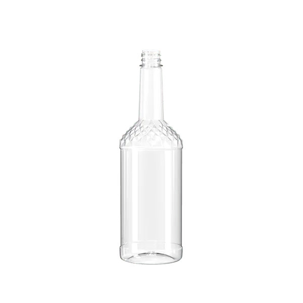 The image shows the Resilux 33.8oz PET Bottle B1000E3E. The bottle is transparent, cylindrical, and features a sleek, smooth surface. It has a narrow neck and a standard screw cap closure. The bottle is empty and positioned upright, showcasing its clear construction and simple, functional design.