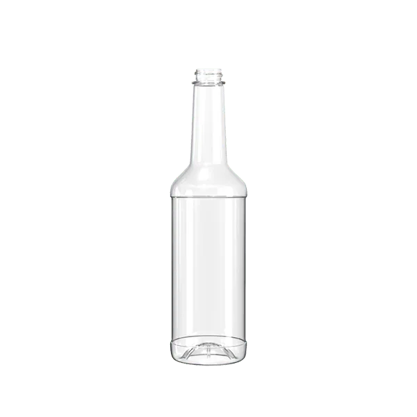 The image displays the "Resilux 33.8oz PET Bottle B1000E5R." The bottle is transparent with a cylindrical shape and gently sloping shoulders that lead up to a standard screw-top neck. The bottle appears to be empty and is standing upright against a plain, white background. It is designed for holding liquids and features a smooth surface with no visible labels or branding.