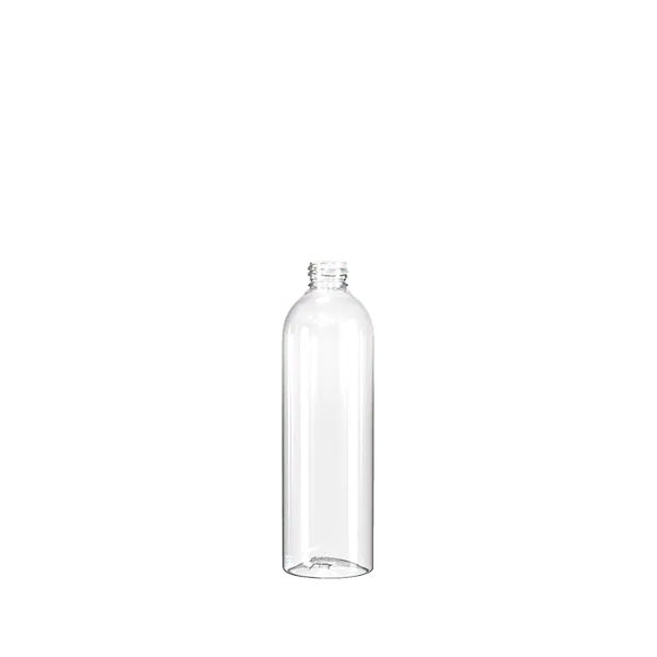 The image shows a clear plastic bottle with a cylindrical shape and a slightly tapered neck, which features a screw-top opening. The bottle is empty and transparent, allowing a complete view through it. This product is the Resilux 10.0oz PET Bottle A100E5X.
