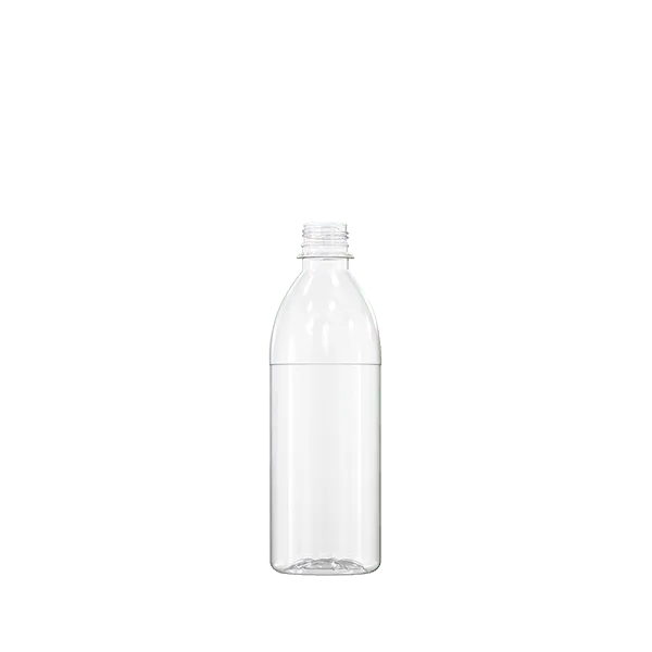 The image shows a clear plastic bottle, specifically the Resilux 16.9oz PET Bottle (B500G1B). The bottle features a standard cylindrical shape with a slightly tapered neck and a screw-top finish. The transparent material allows the contents to be visible, and there are no labels or markings on the bottle. The design is simple and functional, suitable for holding beverages.