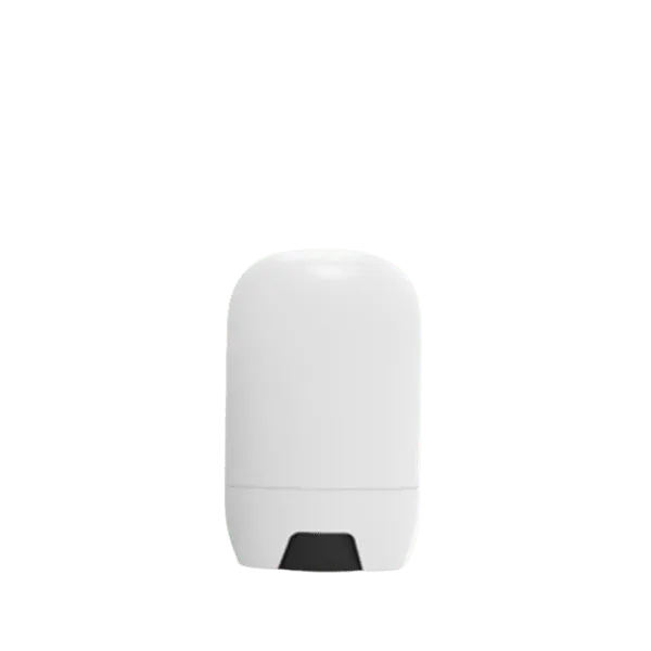 The image features the JCOP 1.5oz PP Skin Stick, a cylindrical container designed for holding skin care products. The container is made of white plastic with a smooth surface and a twist-up mechanism. It has a rounded cap that fits securely on top, and the base of the stick is flat, allowing it to stand upright. The product appears sleek and minimalist, suitable for various cosmetic applications.