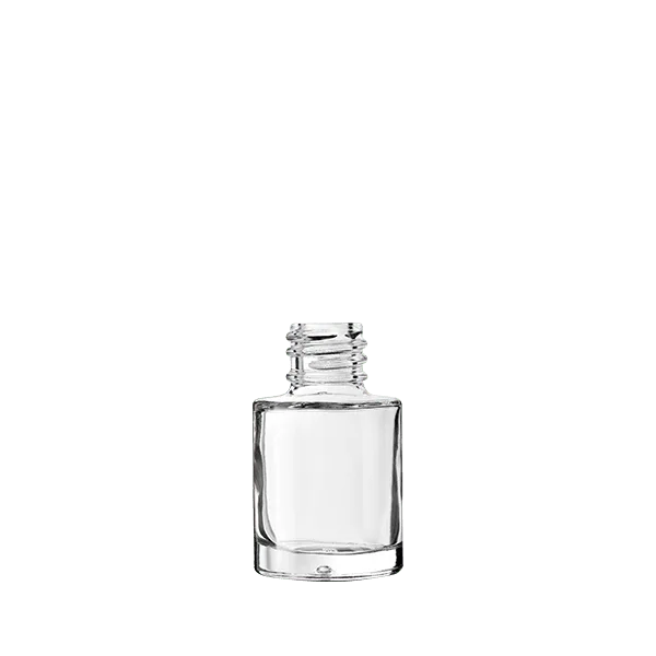 The image features a clear glass bottle named "Calaso 0.5oz Glass Bottle" by Glasmeister. The bottle has a sleek, cylindrical shape with a wide, rounded shoulder and a narrow neck that leads to a screw-top opening. The glass is transparent, allowing visibility of the contents inside. The bottle is empty and standing upright against a plain, white background.