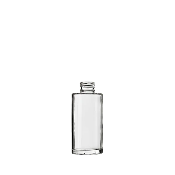The image shows a clear, cylindrical glass bottle with a slight taper towards the neck. The bottle, named Calaso 3-4oz Glass Bottle, has smooth, transparent sides and a flat base. The neck of the bottle is designed to fit a screw cap or dropper, which is not shown in the image. The overall design of the bottle is sleek and modern, suitable for holding liquids like oils or serums.