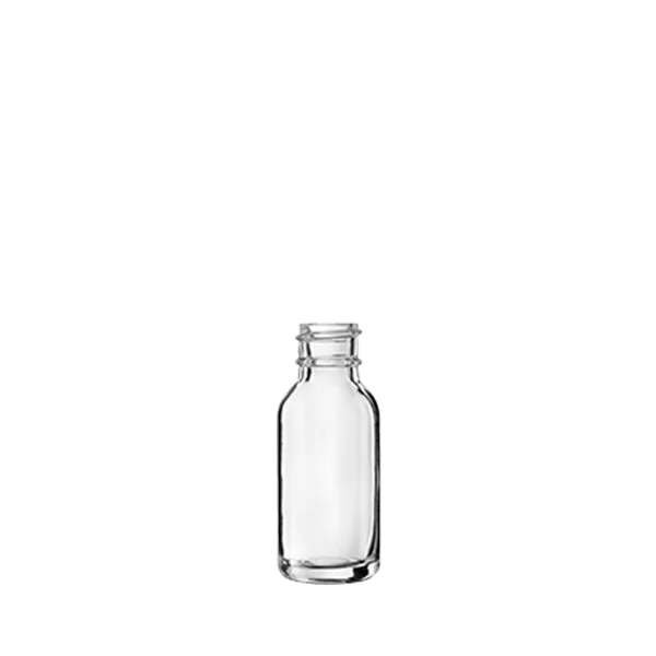 The image showcases the "Calaso 0.5oz Glass Bottle." The bottle is cylindrical with a clear, transparent body, allowing the contents to be visible. It features smooth, straight sides and a flat base, ensuring stability when placed on a surface. The neck of the bottle is narrow and designed to accommodate a screw-on cap or dropper. The simplicity and elegance of the design make it suitable for a variety of liquid products.