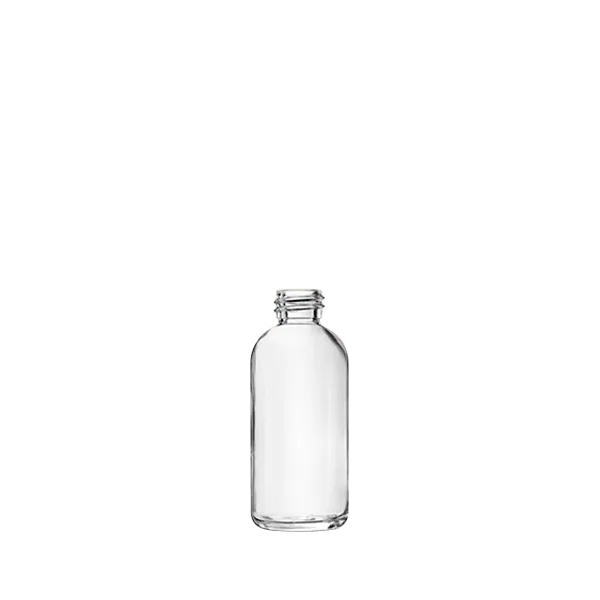 The image shows the Calaso 1.7oz Glass Bottle HF13841-100. It is a clear, cylindrical glass bottle with a smooth surface and a wide, flat base. The bottle features a narrow neck that culminates in a threaded opening, designed to accommodate a screw cap or dropper. The transparency of the glass allows the contents inside to be easily visible. This elegant and simple design makes it suitable for various liquid products such as essential oils, serums, or other cosmetic liquids.