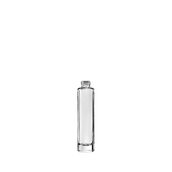 The image displays the Calaso 3.4oz Glass Bottle. It is a clear, cylindrical glass bottle with a smooth surface and a short neck. The bottle features a screw-top opening, suitable for a variety of liquid products. The transparent nature of the bottle allows the contents to be easily visible. The overall design is sleek and minimalist, emphasizing the clean lines and simplicity of the bottle's form.