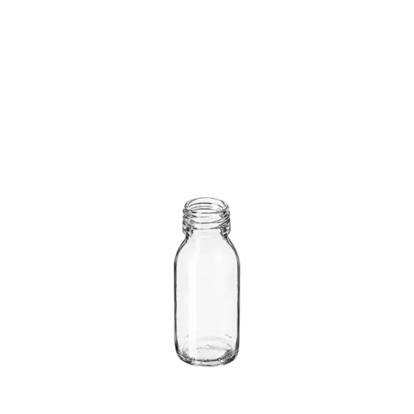 The image features the Calaso 2.0oz Glass Bottle. It is a small, clear glass bottle with a cylindrical shape and a wide, flat base. The neck of the bottle is narrow and threaded, designed to accommodate a screw-on cap or dropper. The bottle is empty, showcasing its transparent nature and smooth surface, making it suitable for various liquids such as essential oils, serums, or other cosmetic products.