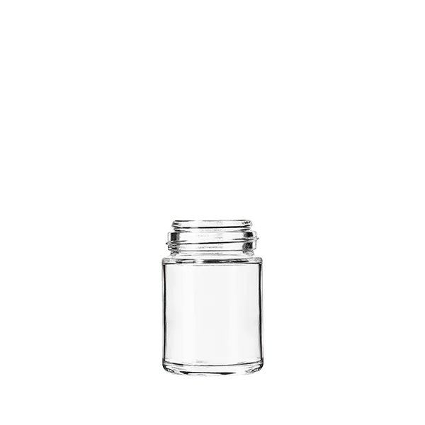 The image shows a clear, 2.5-ounce glass bottle named Calaso. The bottle features a sleek, cylindrical shape with smooth, transparent sides. It has a narrow neck and a screw-top opening, which can be fitted with a compatible cap or closure. The overall design is simple and elegant, suitable for holding liquids such as oils, serums, or other cosmetic products. The bottle is displayed against a plain white background, emphasizing its clean and minimalist appearance.