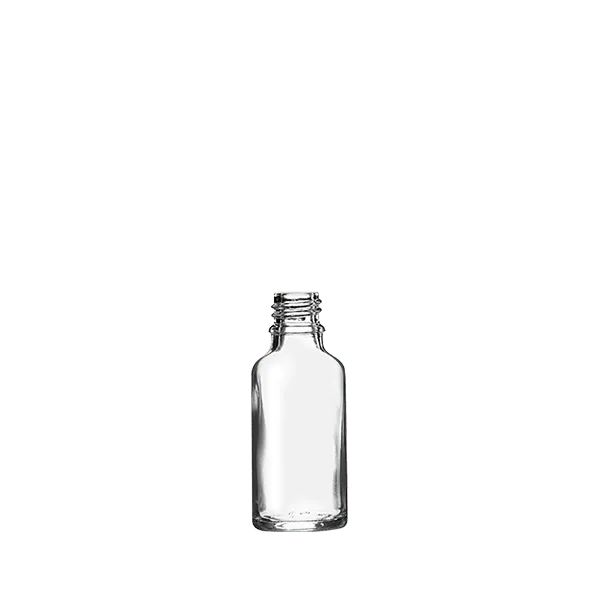 The image shows a Calaso 1.0oz Glass Dropper Bottle. The bottle is clear and cylindrical with a smooth surface. It has a black screw-on dropper cap with a rubber bulb for dispensing liquids. The overall design is sleek and simple, suitable for holding and dispensing small quantities of liquids such as essential oils or serums. The bottle is positioned upright against a plain white background.