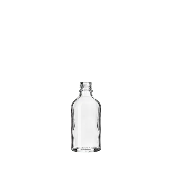 The image features the Calaso 2.0oz Glass Dropper Bottle. This bottle is clear and cylindrical with a smooth surface. It has a black dropper cap with a rubber bulb for dispensing liquids. The design is simple and elegant, making it suitable for holding various liquid contents. The product is shown against a plain white background, highlighting its transparency and sleek appearance.