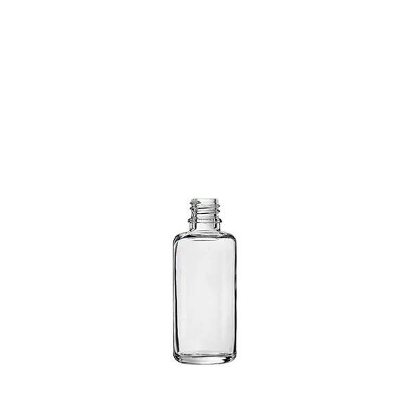 The image shows the Calaso 1.7oz Glass Dropper Bottle in a clear, cylindrical design. The bottle features a sleek, transparent body with a dropper cap, making it ideal for dispensing liquids in controlled amounts. The dropper cap is black, providing a contrasting accent to the clear glass of the bottle. The overall appearance is clean and modern, suitable for various liquid products such as essential oils, serums, and other cosmetic or medicinal liquids.