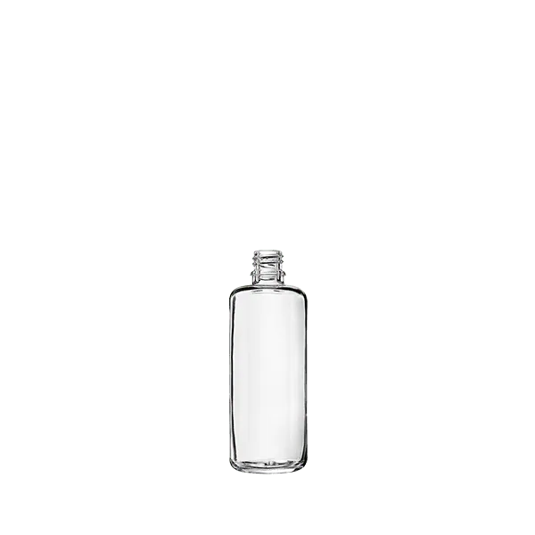 The image features the Calaso 3.4 oz Glass Dropper Bottle. The bottle is clear and cylindrical with smooth sides and a round base. It is topped with a black dropper cap, which has a rubber bulb for dispensing liquids. The overall design is sleek and minimalistic, making it suitable for various liquid products.
