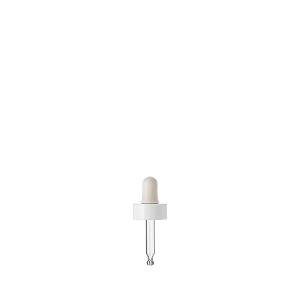 The image shows the Calaso PP Dropper 18/400 (MCB05A3A001-001). It is a plastic dropper with a white, ribbed screw cap and a clear glass pipette. The dropper is designed for precise dispensing of liquids and fits bottles with an 18/400 neck size. The dropper is displayed against a plain, light background.