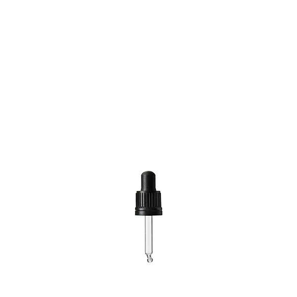 The image shows the Calaso PP Dropper DIN18, a plastic dropper designed for precise liquid dispensing. The dropper consists of a white ribbed screw cap with a nozzle at the top, which is attached to a clear pipette. The pipette is long and slender, allowing for accurate measurement and drop-by-drop application of liquids. The overall design is sleek and functional, suitable for various bottles with a DIN18 neck finish.