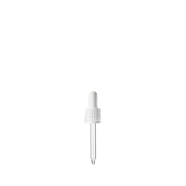 The image features the Calaso PP Dropper DIN18. The dropper consists of a clear, cylindrical glass bottle with a black screw cap dropper top. The dropper cap includes a white rubber bulb and a glass pipette extending down into the bottle. The overall design is sleek and straightforward, highlighting the functionality of the dropper mechanism.