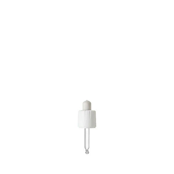 The image features the Calaso PP Dropper DIN18. It is a clear dropper bottle with a white cap and an integrated pipette. The bottle has a smooth, cylindrical shape and is made of transparent material, allowing the contents to be visible. The white dropper cap fits securely on top and includes a rubber bulb for easy dispensing of liquids. The overall design is sleek and functional, suitable for dispensing small amounts of liquid products.