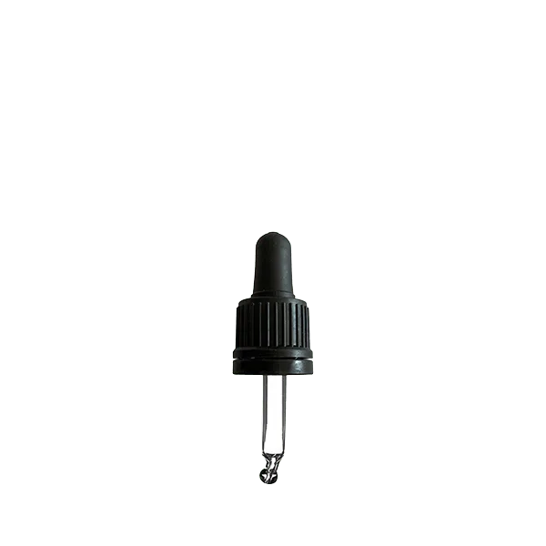 The image shows the Calaso PP Dropper DIN18. It features a cylindrical, white plastic pipette dropper with a smooth finish. The dropper is designed to fit on DIN18 neck bottles and includes a clear glass pipette for dispensing liquids. The top part of the dropper is ribbed for a secure grip during use.