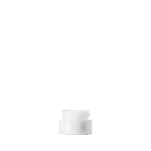 The image shows the Calaso 0.2oz Glass Jar. The jar is cylindrical with a smooth, clear glass body that allows full visibility of its contents. It features a wide mouth opening for easy filling and dispensing, and it is topped with a flat, screw-on lid. The overall design is sleek and minimalist, making it suitable for various uses such as holding cosmetics, small quantities of creams, or other similar products.