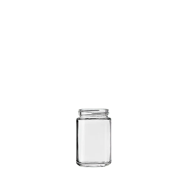 The image shows a clear, empty glass jar known as the Calaso 3.4oz Glass Jar (SM210004-100). The jar has a cylindrical shape with smooth, transparent glass walls and a wide mouth. The lid is not present in the image. The jar sits on a plain white background, highlighting its simple and elegant design.