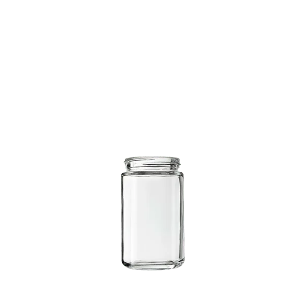 The image shows the Calaso 5.1oz Glass Jar. It is a clear, cylindrical jar with smooth, transparent glass that allows the contents to be visible. The jar features a wide opening at the top, suitable for easy filling and dispensing. The overall design is sleek and modern, with clean lines and a polished appearance.