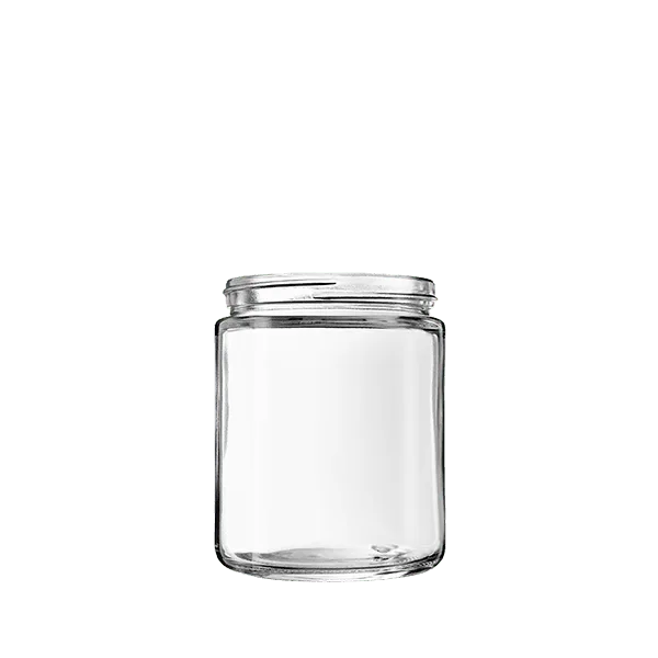 The image shows the Calaso 8.5oz Glass Jar by Glasmeister. The jar is clear and cylindrical with smooth, straight sides and a wide mouth. The glass appears to be thick and sturdy, and the jar is empty. The design is simple and modern, suitable for various uses such as storage or packaging. The background of the image is white, highlighting the transparency and clarity of the glass jar.