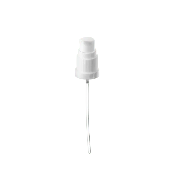 The image shows the Calaso PP Pump DIN18. The product is a white plastic pump dispenser with a sleek, cylindrical design. The pump has a ribbed collar for grip and a smooth actuator for easy dispensing. The pump is designed to fit on top of bottles and is commonly used for dispensing liquids like lotions, soaps, or other personal care products.