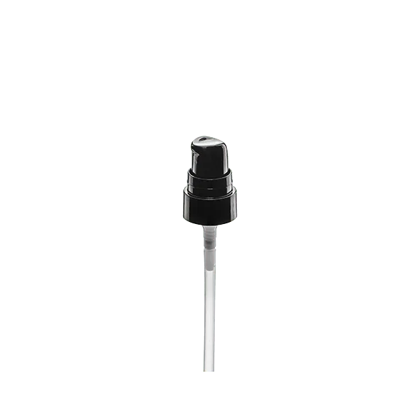 The image shows the Calaso PP Pump 18/400 FPB05A3C001, a sleek and modern pump dispenser. It features a white pump head with a smooth, rounded top and a short nozzle. The pump is attached to a clear, cylindrical dip tube that extends downward. This pump is designed for use with bottles and containers requiring a precise and efficient dispensing mechanism. The overall design is minimalist and functional.