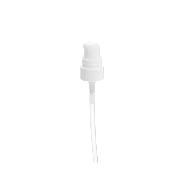 The image shows the Calaso PP Pump 18/400 FPB05A3C003-001. It is a white plastic pump dispenser with a smooth, cylindrical pump head and a long, slender dip tube extending downward. The pump head features a simple, clean design, suitable for dispensing liquids from bottles. The dispensing mechanism appears to be user-friendly, with a press-down action to release the product.