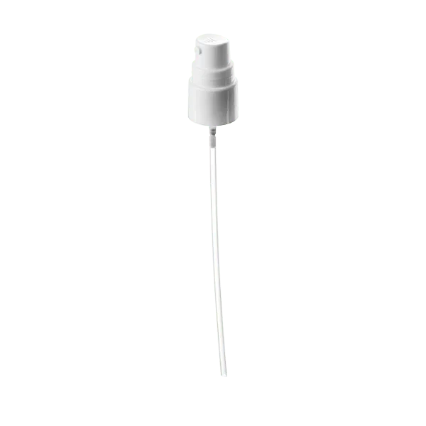 The image shows the Calaso PP Pump 18/415 FPB07A3C005-001. The pump is white and has a ribbed texture on the screw-on cap for better grip. The nozzle is designed for precise dispensing, and the overall design appears sleek and functional, suitable for various liquid products.