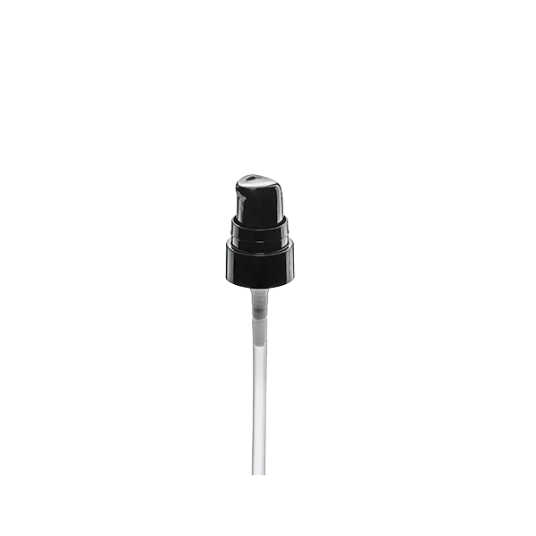 The image shows the Calaso PP Pump 18-400 FPB05A3C003-200. It is a white plastic pump dispenser featuring a ribbed collar for secure attachment to a bottle. The pump has a sleek, cylindrical design with a smooth actuator for easy dispensing of liquids. The nozzle is slightly curved to direct the flow of the product.