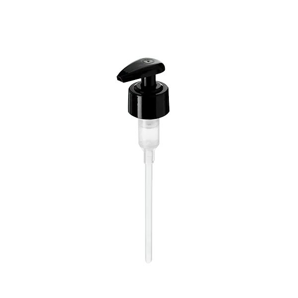 The image displays the Calaso PP Pump 28/410 FPB18A3C005. The product is a white plastic pump with a smooth, cylindrical pump head and a long, narrow dip tube extending from the base. The pump head features a ribbed texture for better grip and a nozzle for dispensing liquids. It is designed for screw-top bottles with a 28/410 neck finish. The overall design is simple and functional, suitable for dispensing various liquids such as lotions, soaps, or other personal care products.