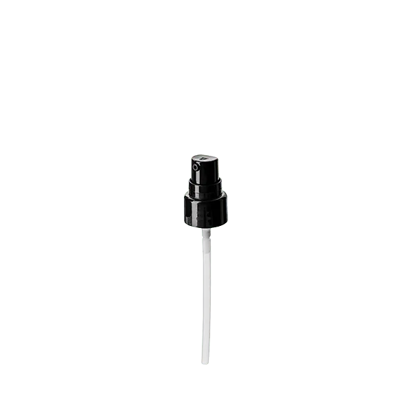 The image shows the Calaso PP Pump 20/410 FPB09A3C004-200. It is a plastic pump dispenser designed for bottles, featuring a smooth, cylindrical pump head and a long dip tube. The pump is primarily white in color with a ribbed texture around the neck for easy grip. The nozzle is streamlined and slightly curved downward for efficient dispensing of liquid products. The overall design is clean and functional.