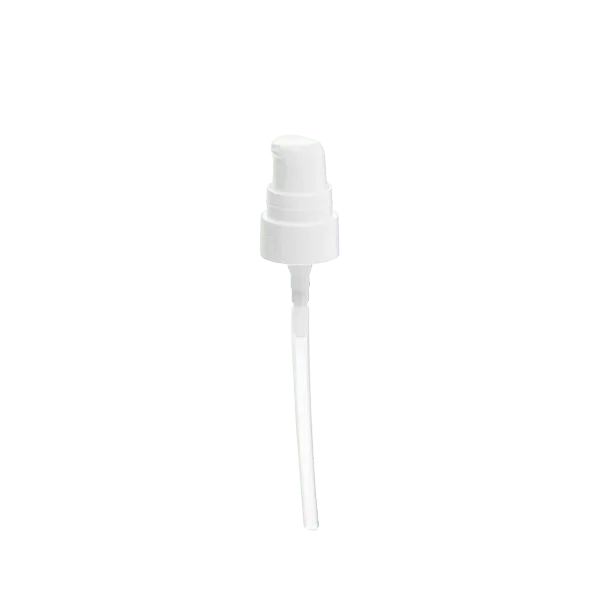 The image displays the Calaso PP Pump 18/400 FPB05A3C005-001. The product consists of a white plastic pump with a slender cylindrical neck and an 18/400 thread size. The pump features a smooth, rounded actuator head that can be pressed down to dispense a liquid product. The overall design is clean and minimalistic, suitable for various liquid dispensing applications. The background is plain white, making the pump the focal point of the image.