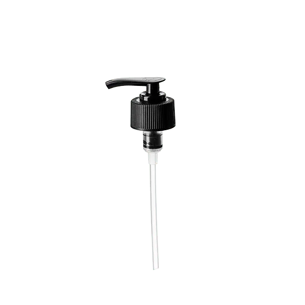 The image shows the Calaso PP Pump 28/410 FPB18A3C007. It is a white plastic pump dispenser with a ribbed collar and a long dip tube. The pump head is smoothly contoured and designed for easy pressing. This type of pump is typically used for dispensing various liquid products such as lotions, soaps, or creams from a bottle.