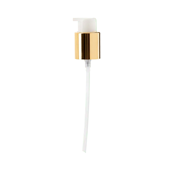 The image shows a Calaso PP Pump 24/410. The pump is a cylindrical dispensing mechanism with a smooth, white plastic finish. It includes a long, thin nozzle and a ribbed collar for secure attachment to a bottle or container. The pump mechanism appears to be designed for easy and efficient dispensing of liquids.