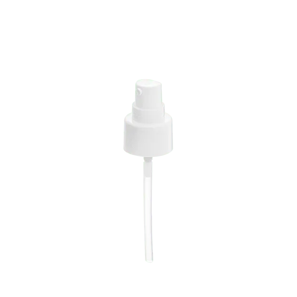 The image shows the Calaso PP Pump 24/410 FPB15A3C014-001. It features a sleek, cylindrical pump dispenser with a smooth, glossy white finish. The pump has a standard 24/410 neck size and is designed for easy dispensing of liquid products. The nozzle is slightly angled for precise application, and the pump is equipped with a ribbed collar for secure attachment to bottles.