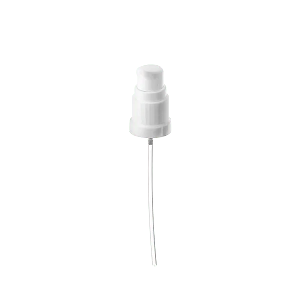 The image shows the Calaso PP Pump DIN18, a white plastic pump dispenser designed for bottles. The pump has a smooth, cylindrical body with a rounded, flat-top actuator for easy pressing. The dip tube extends from the bottom of the pump for dispensing liquids. The pump is simple and functional, suitable for various liquid products.