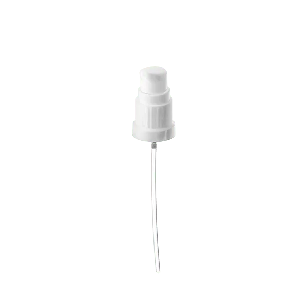 The image features the Calaso PP Pump DIN18. The product is a sleek, white plastic pump with a standard screw-on mechanism, designed to fit DIN18 neck sizes. The pump consists of a smooth cylindrical body with a nozzle at the top, and a long dip tube extending downwards. The nozzle has a flat top with a small dispensing opening for precise application. The overall design is minimalist and functional, suitable for dispensing liquids such as lotions or soaps.