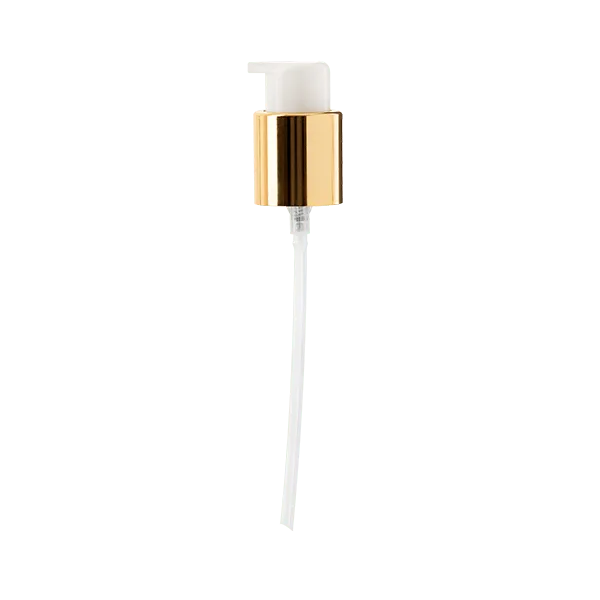 The image shows a Calaso PP Pump 24/410 in a close-up view. The pump features a white, ribbed collar that fits securely onto a bottle neck, a long, slender dip tube extending downward, and a smooth, rounded actuator on top for dispensing liquids. The pump is designed for use with liquid products, providing a convenient and controlled way to dispense.