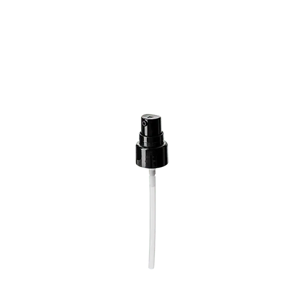 The image shows the Calaso PP Pump 20/410 FPB09A3C008. The pump features a sleek, cylindrical design with a smooth, white finish. It has a ribbed collar for easy gripping and twisting, and a long, narrow dip tube extending from the bottom. The actuator is also white, designed with a flat top for easy pressing, and it fits securely on the collar. This pump is typically used for dispensing liquids like lotions or soaps.