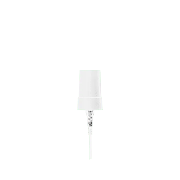 The image shows the Calaso PP Pump 18/400 FPB05A3C006. It is a plastic pump dispenser with a sleek white finish. The pump features a ribbed collar for a secure grip and a long dispensing nozzle. The design is simple and functional, suitable for dispensing various liquid products.