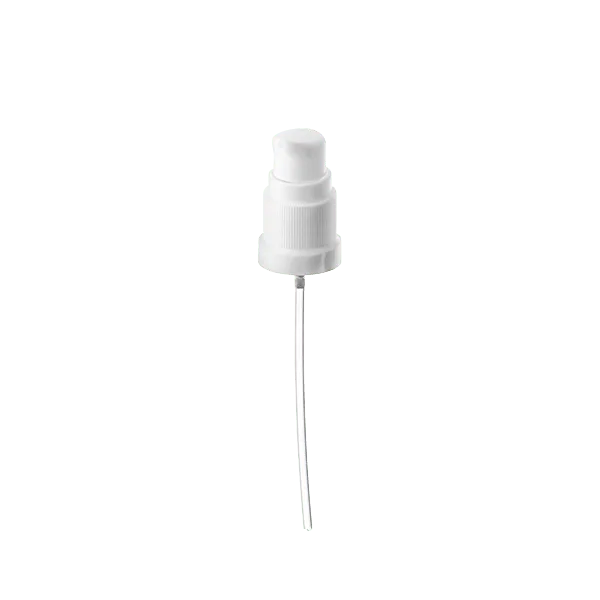 The image shows a Calaso PP Pump Din18. It is a plastic pump dispenser with a sleek, cylindrical design. The pump features a white actuator and a clear cover, which encloses the dispensing mechanism. The neck of the pump is designed to fit DIN18 standard bottles, ensuring compatibility with a wide range of containers. The overall appearance is clean and functional, suitable for dispensing liquids such as lotions, soaps, or other personal care products.