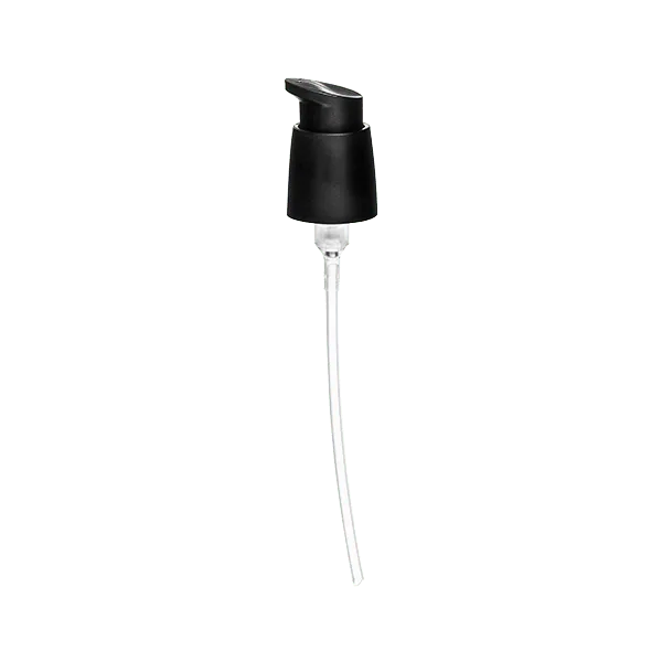 The image shows the Calaso PP Pump 24/410, a plastic pump dispenser with a sleek, modern design. The pump features a white actuator and a ribbed collar, providing a secure fit for various bottles. The dip tube extends from the pump, ensuring efficient product dispensing. The overall appearance is clean and functional, suitable for various liquid products.