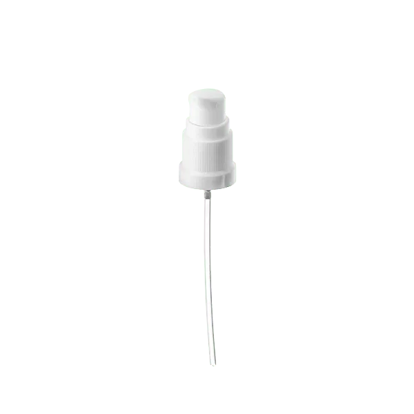 The image shows the Calaso PP Pump DIN18. It features a sleek, cylindrical pump mechanism made from durable plastic. The pump is primarily white, with a smooth texture and a glossy finish. The nozzle of the pump is slightly angled, allowing for easy dispensing of liquids. The pump is designed to be attached to bottles with a DIN18 neck size. 
